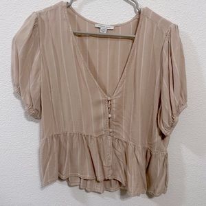 American eagle tan striped button up cute blouse large like new summer ruffles